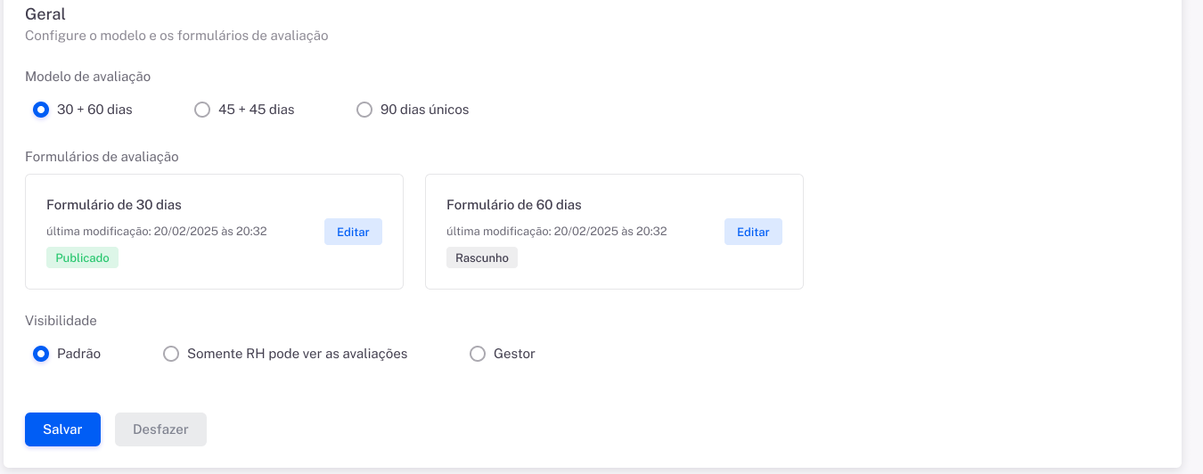 Modelo e formulários definidos na configuração