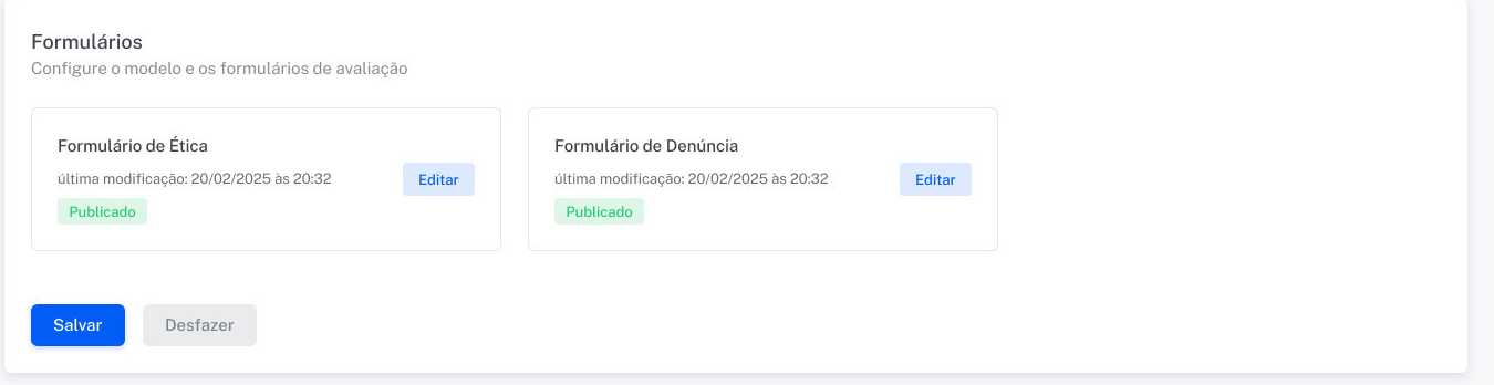 Configure os formulários de cada tipo