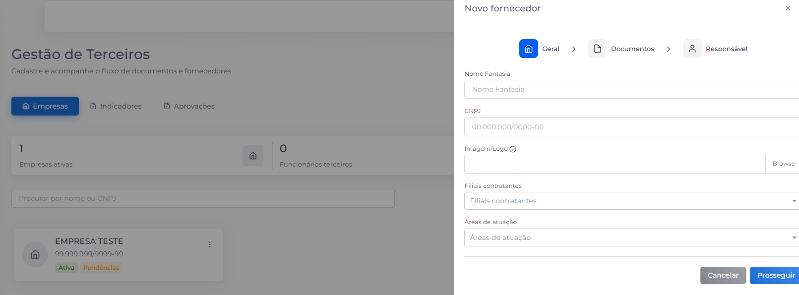 Cadastro do fornecedor em etapas